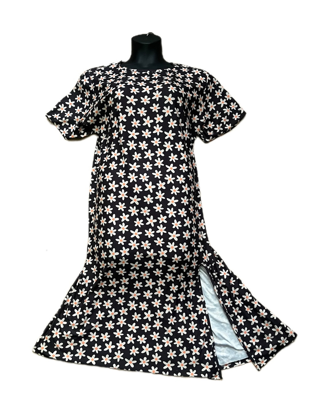 Urban Threads Black Daisy Print Maxi T-Shirt Dress Side Slit Plus Size 26